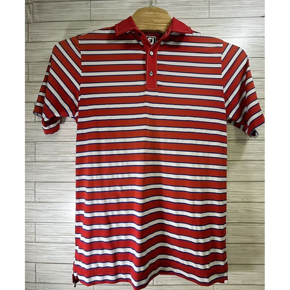 FootJoy Mens Size‎ M Golf Polo Shirt Red/ Orange  White Blue Stripe  FJ Casual